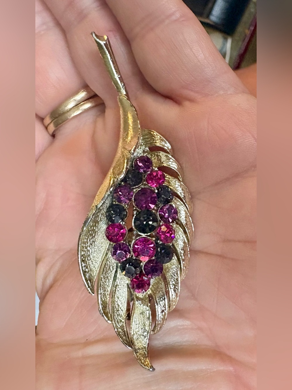 Vintage Coro Gold-Tone Leaf Brooch with Pink and Purple Crystals